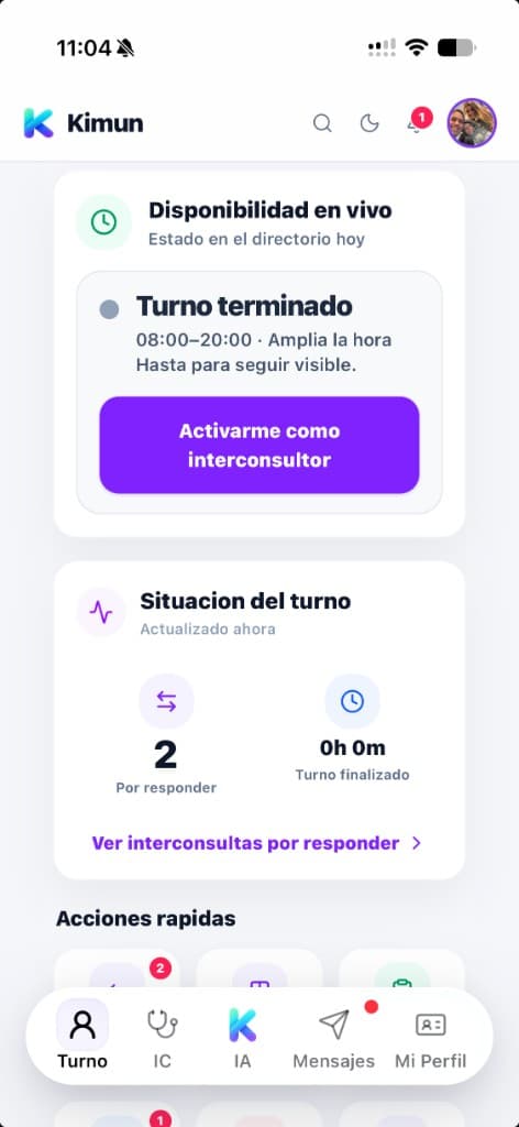 App Kimun en iPhone: boton Activarme como interconsultor